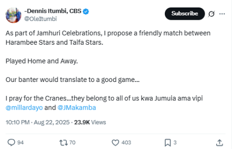 A screenshot of Dennis Itumbi’s statement. PHOTO/Screengrab by K24 Digital from a statement shared on X by @OleItumbi