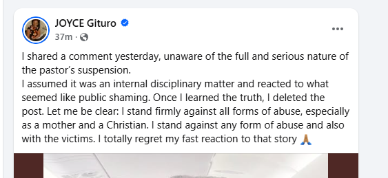 Joyce Gituro's Facebook page post. PHOTO/Screengrab by K24 Digital