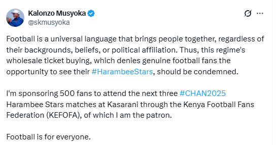 A screenshot of a statement by Kalonzo Musyoka. PHOTO/@skmusyoka/X