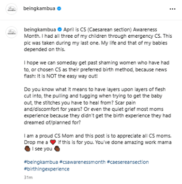 Gospel singer Kambua’s post on C-section awareness. PHOTO/@kambuamuziki/Instagram