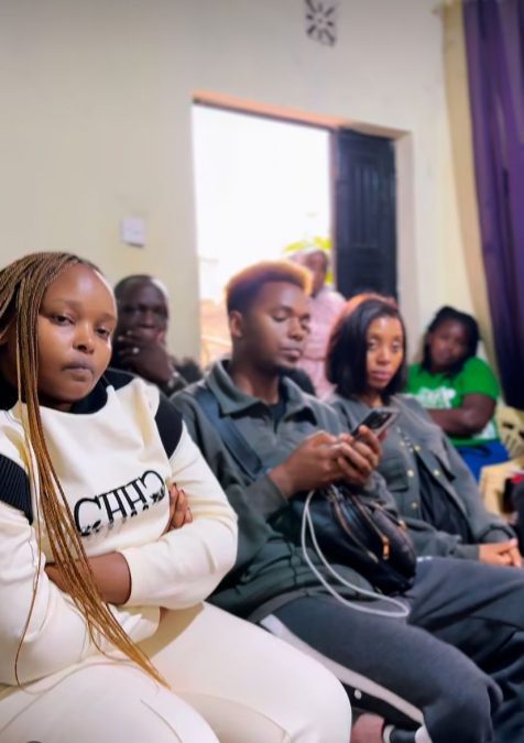 Milly Wa Jesus sitting next to Mesh and Ninah of Wapendwa Muziki during a meeting to plan their friend Peter's burial. PHOTO/Screengrab by K24 Digital of Instagram video by @kabiwajesus