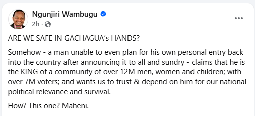 Ngunjiri Wambugu post attacking Gachagua. PHOTO/Screengrab by K24 Digital.