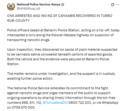 National Police Service statement confirming the arrest of a drug trafficker. PHOTO/Screengrab by K24 Digital.