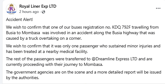 A statement by the Royal Liner bus service on the accident in Kisumu County. PHOTO/https://web.facebook.com/profile.php?id=61553284293908