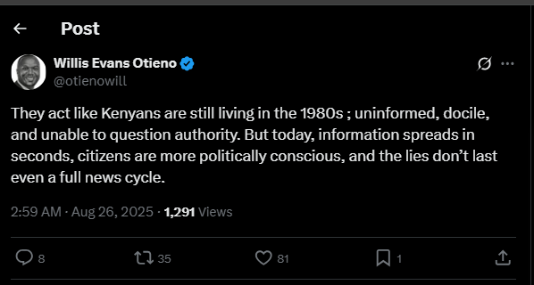 A post shared by Willis Otieno on his X account. PHOTO/Screengrab by K24 Digital from @otienowill