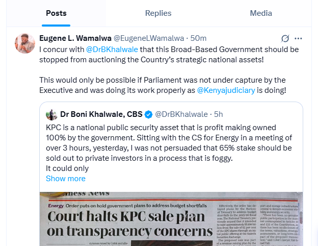 A post by Eugene Wamalwa commending Boniface  Khalwale.