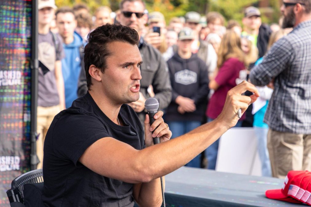 The late Charlie Kirk gestures as he delivers a keynote speech. PHOTO/https://www.facebook.com/realCharlieKirk