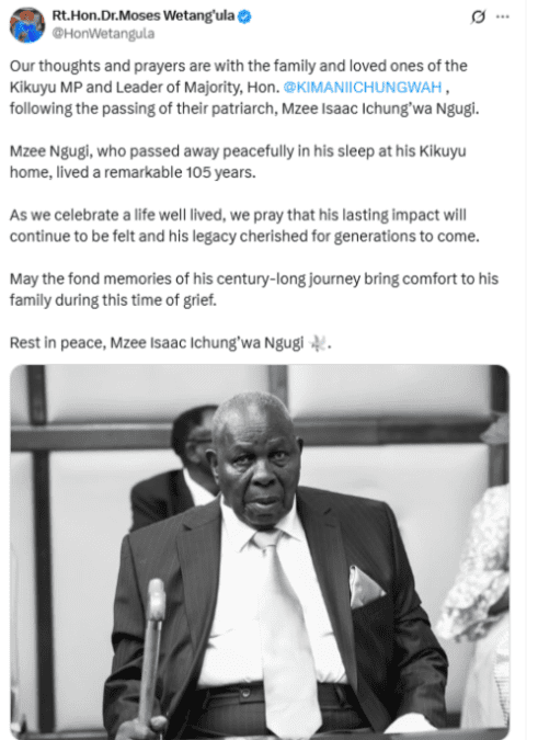 A screenshot of Moses Wetang’ula’s statement. PHOTO/Screengrab by K24 Digital from a statement shared on X by @HonWetangula
