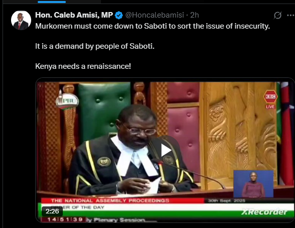 A post shared by Caleb Amisi on his X account. PHOTO/Screengrab by K24 Digital from @Honcalebamisi
