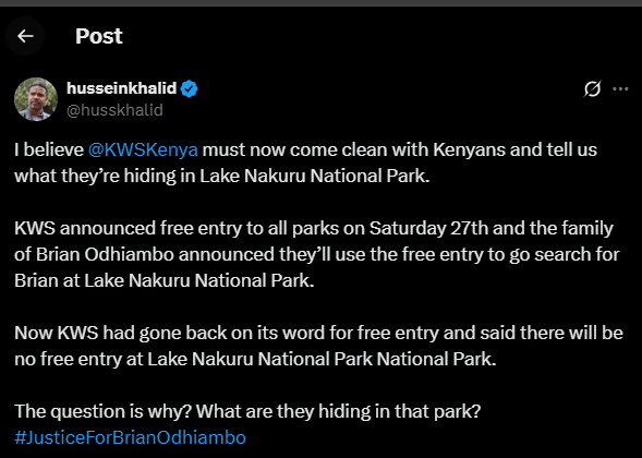 A post shared by Hussein Khalid on X. PHOTO/Screengrab by K24 Digital from @husskhalid

