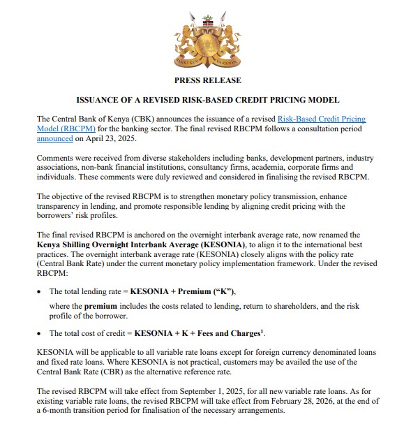 CBK’s statement on new loan pricing model 