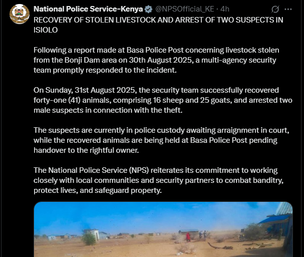 A post shared by NPS on X. PHOTO/Screengrab by K24 Digital from @NPSOfficial_KE

