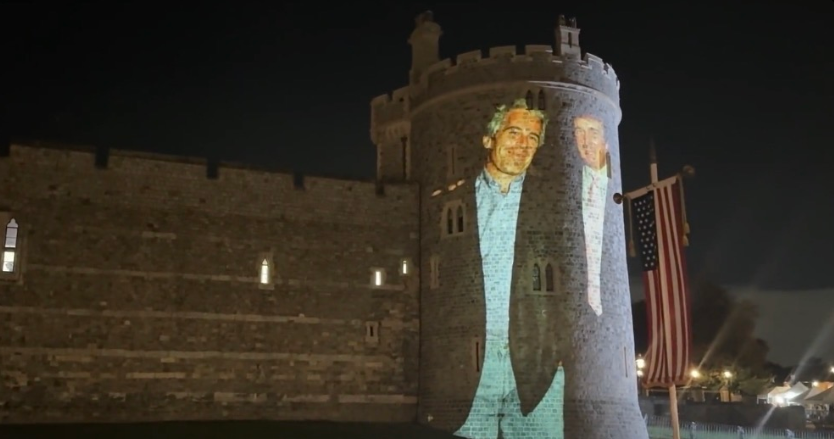 Donald Trump alongside sex offender Jeffrey Epstein image projected on Windsor Castle.