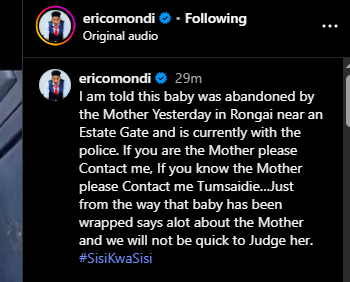 A post shared by Eric Omondi on Instagram. PHOTO/Screengrab by K24 Digital from @ericomondi