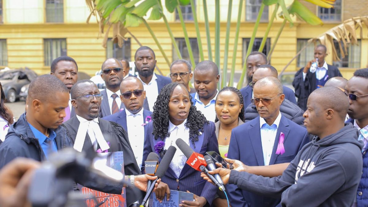 LSK President Faith Odhiambo address the media after a peaceful march outside Jogoo House in Nairobi on September 12, 2025. PHOTO/@FaithOdhiambo8/X