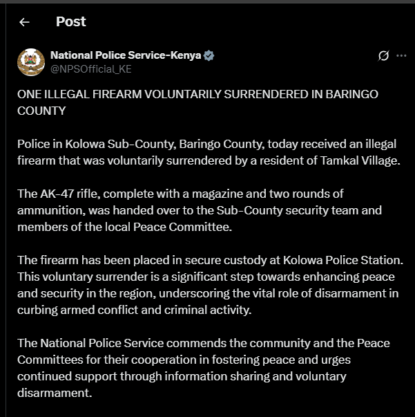 A post shared by the NPS on X. PHOTO/Screengrab by K24 Digital from @NPSOfficial_KE