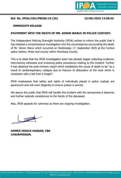 A statement released by IPOA on Tuesday, September 23, 2025, on X. PHOTO/@IPOA_KE/X
