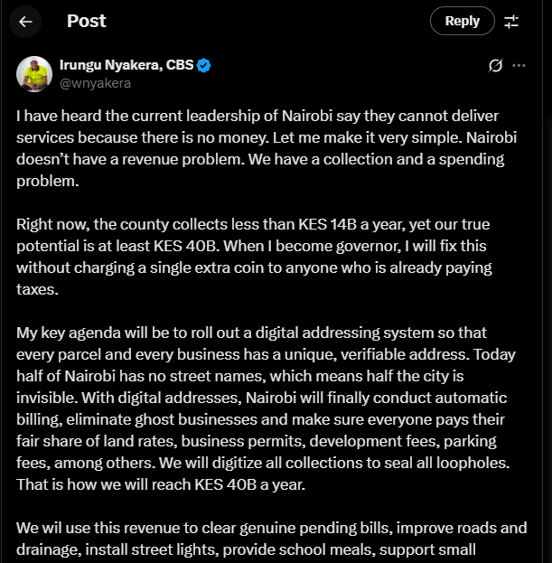 A post shared by Irungu Nyakera on X. PHOTO/Screengrab by K24 Digital from @wnyakera/X