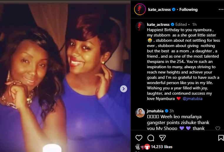 A post shared by Jackie Matubia on her Instagram page. PHOTO/Screengrab by K24 Digital from @kate_actress