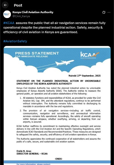 Part of the statement from KCAA issued on Saturday September 27, 2025. PHOTO/ Screengrab by K24 Digital/@CAA_Kenya/X