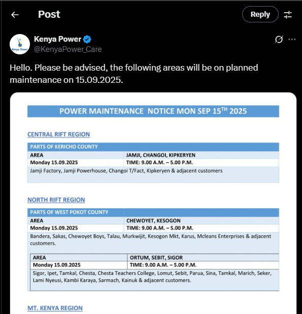A post shared by Kenya Power on Sunday, September 14, 2025, on X.  PHOTO/Screengrab by K24 Digital from @KenyaPower_Care
