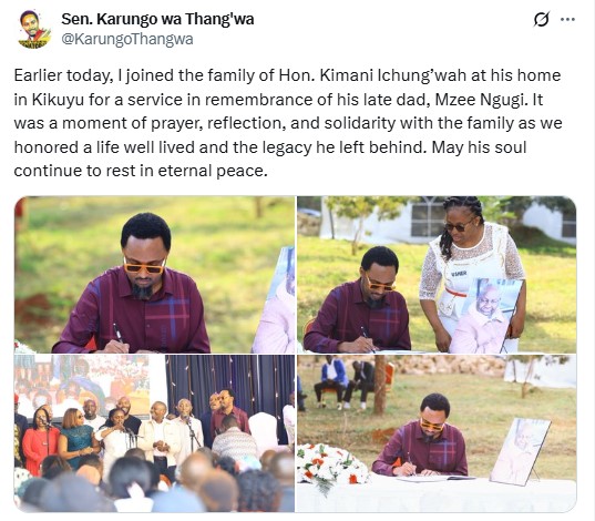 Kiambu Senator Karungo  Thang'wa, at Kimani Ichungw'ah's father's memorial service. PHOTO/@KarungoThangwa/X