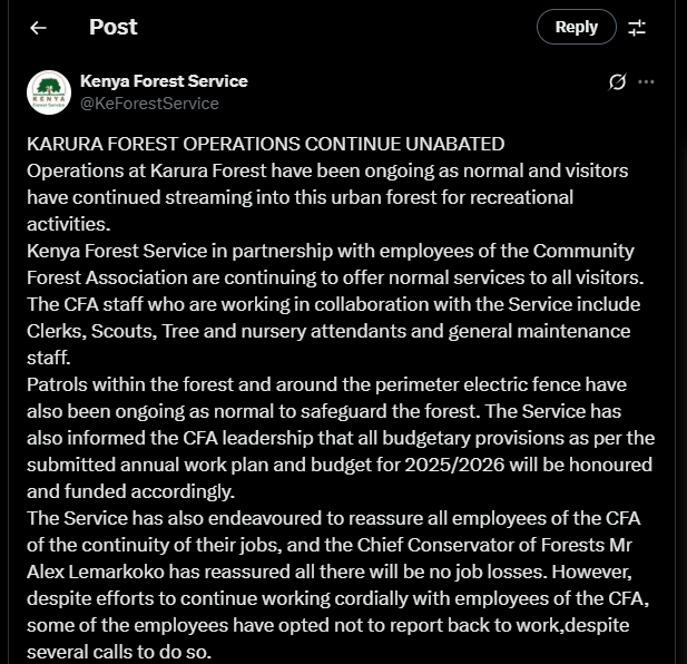 A post shared by KFS on X. PHOTO/Screengrab by K24 Digital from @KeForestService