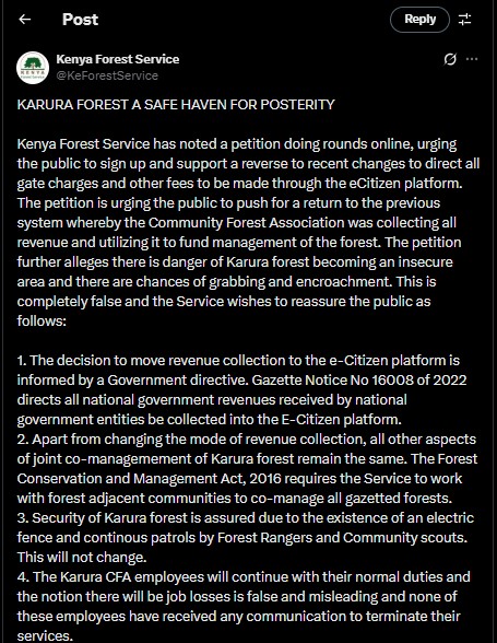Part of the statement from Kenya Forest Service on Saturday September 13, 2025. PHOTO/ Screengrab by K24 Digital/@KeForestService/X