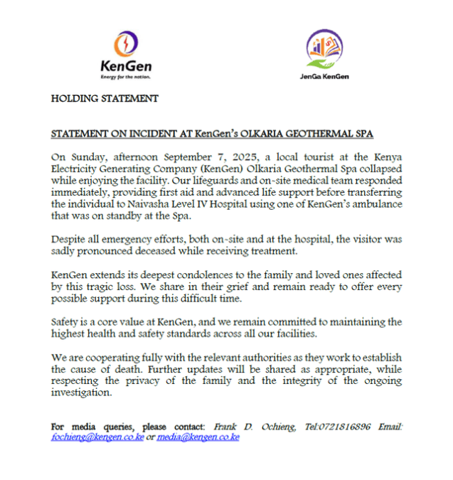 A press statement issued by KenGen on X. PHOTO/@KenGenKenya/X
