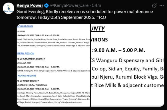 A post shared by Kenya Power on Thursday, September 4, 2025. PHOTO/Screengrab by k24 Digital from @KenyaPower_Care