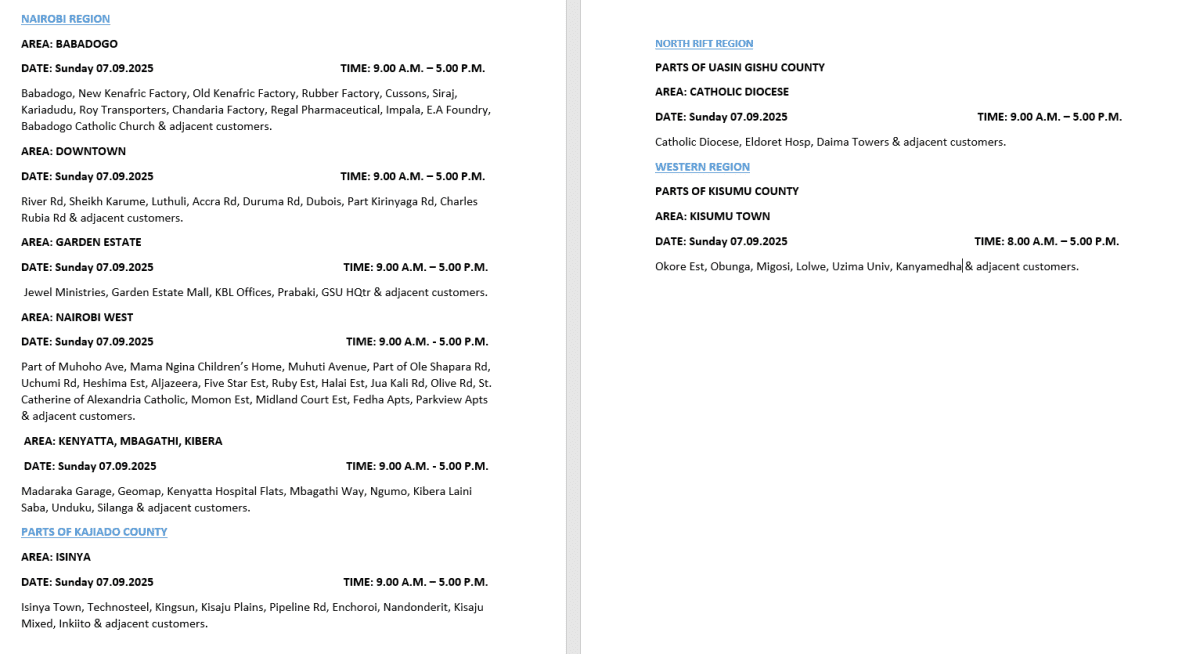 Part of Kenya Power notice issued on Saturday, September 6, 2025. PHOTO/@KenyaPower_Care/X