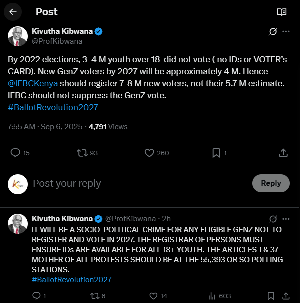 A post shared by Kivutha Kibwana on X. PHOTO/Screengrab by K24 Digital from @ProfKibwana