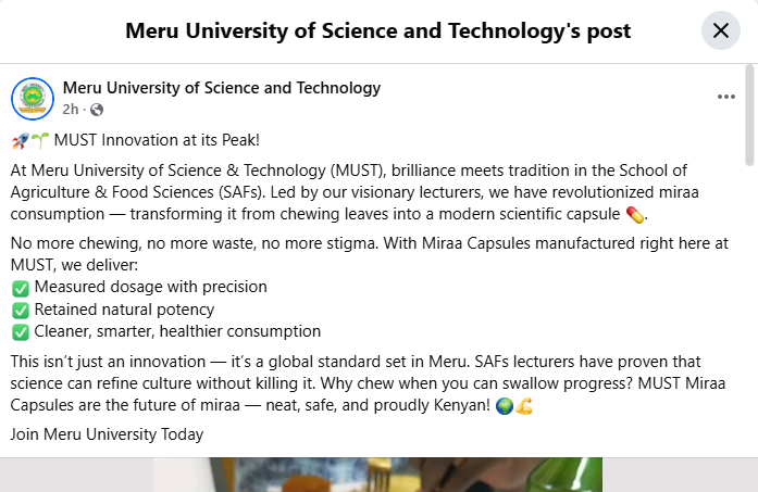 A post shared by Meru University on Facebook. PHOTO/Screengrab by K24 Digital from https://www.facebook.com/must.ac.ke