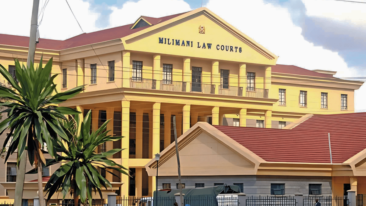 A photograph shows a section of Milimani Law Courts premises. PHOTO/Screengrab by K24 Digital