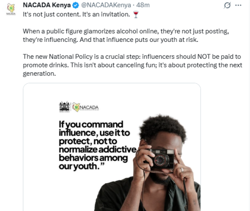 An X statement of NACADA warining against alcohol influencing on Monday, September 22, 2025. PHOTO/Screen grab by K24 Digital/NACADAKenya/X
