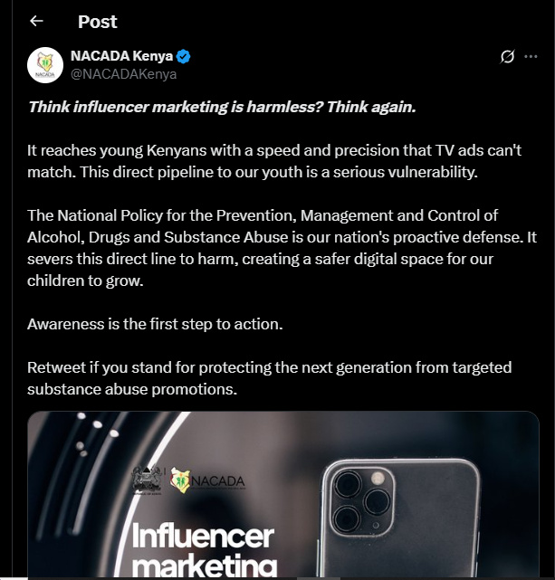A post shared by NACADA on X. PHOTO/Screengrab by K24 Digital from @NACADAKenya
