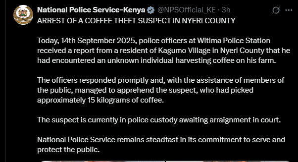 A post shared by police on X. PHOTO/Screengrab by K24 Digital from @NPSOfficial_KE
