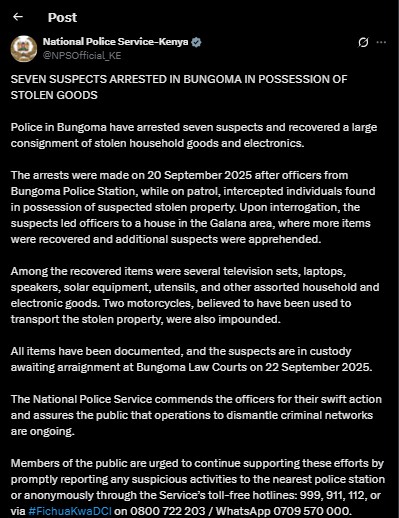Part of the statement shared by the National Police Service on Saturday September 20, 2025. PHOTO/ Screengrab by K24 Digital/@NPSOfficial_KE/X