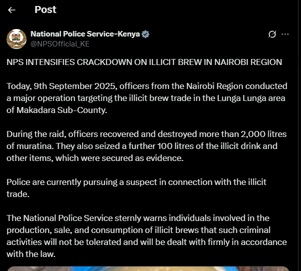A post shared by NPS on X. PHOTO/Screengrab by K24 Digital from @NPSOfficial_KE
