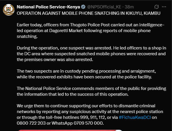 A post shared by the NPS. PHOTO/Screengrab by K24 Digital from @NPSOfficial_KE