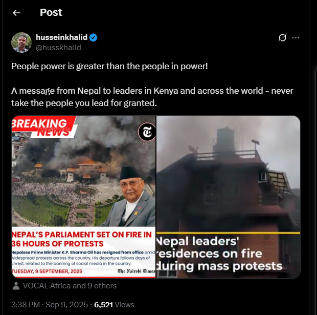 A post shared by Hussein Khalid on his X account. PHOTO/Screengrab by K24 Digital from @husskhalid