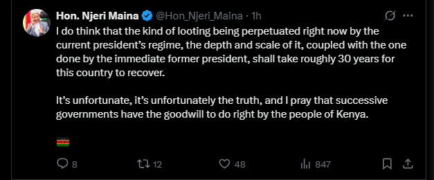 A post shared by Njeri Maina on her X account. PHOTO/Screengrab by K24 Digital from @Hon_Njeri_Maina