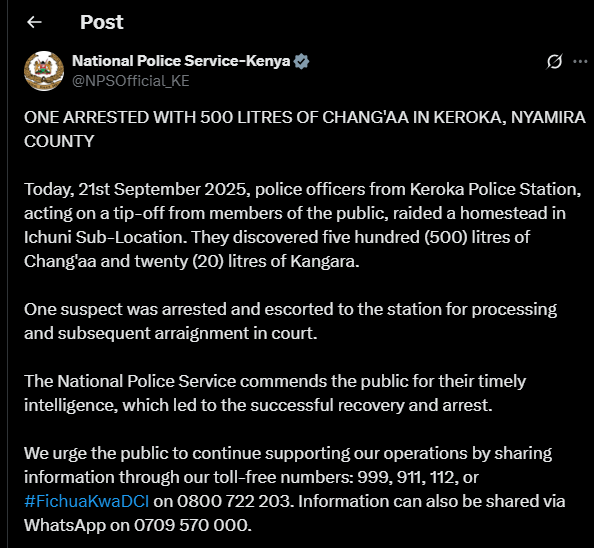 A post by the NPS. PHOTO/Screengrab by K24 Digital from @NPSOfficial_KE
