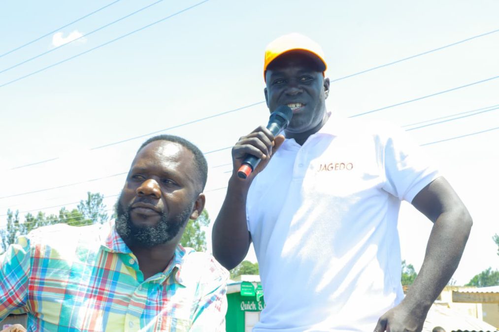 Newton Ogada addresses the crowd during a rally in Kasipul. PHOTO/Ajo Mbuta gestures during a past rally. PHOTO/https://www.facebook.com/director.newton.ogada