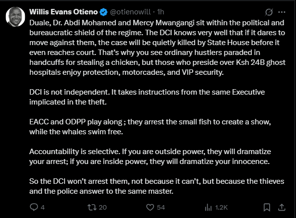 A post shared by Otieno Willis on his X. PHOTO/Screengrab by K24 Digital from @otienowill