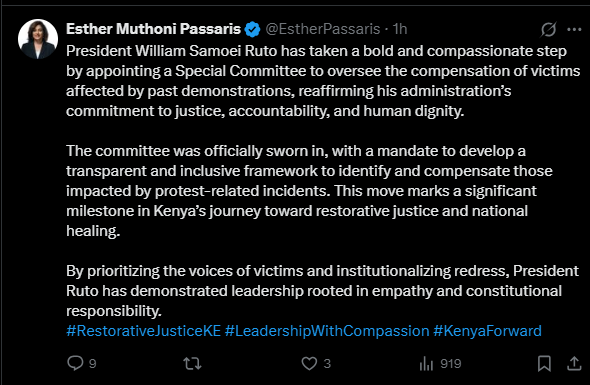 A post shared by Esther Passaris on X. PHOTO/Screengrab by K24 Digital from @EstherPassaris