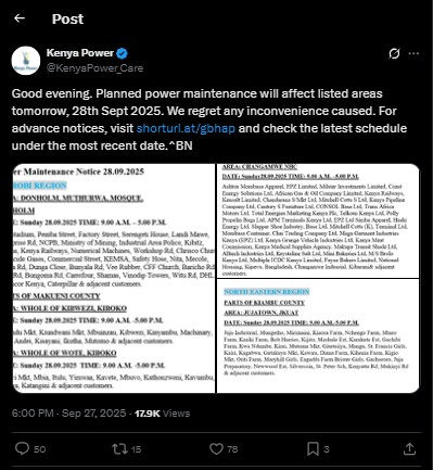 Part of the Kenya Power statement issued on Saturday September 27, 2025. PHOTO/ Screengrab by K24 Digital/@KenyaPower_Care/X