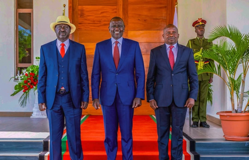President Ruto with ODM leader Raila Odinga and Deputy President Kindiki at Homa Bay State lodge ahead of the Madaraka Day celebrations on June 1, 2025. PHOTO/@WilliamsRuto/X
