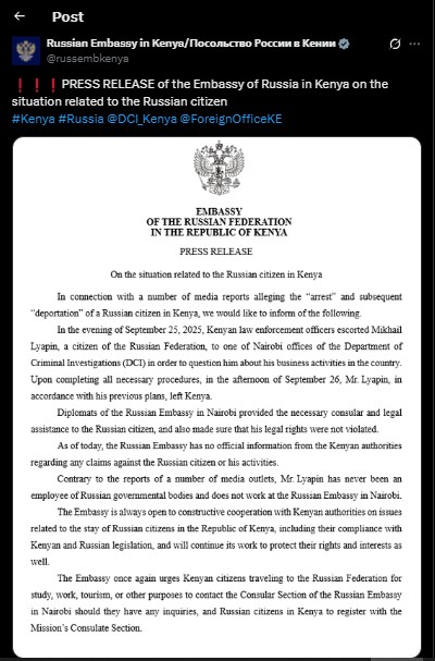 Part of the statement from the Russian Embassy in Kenya shared on Saturday September 27, 2025. PHOTO/Screengrab by K24 Digital/@russembkenya/X