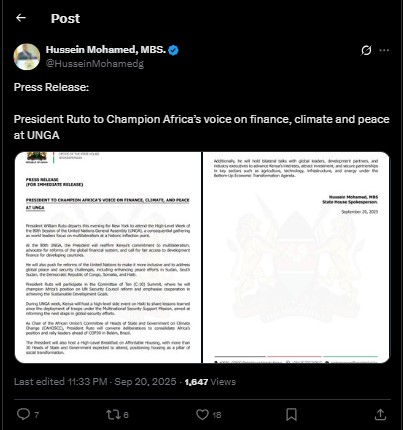 Part of Hussein Mohamed's statement confirming President William Ruto trip to New York. PHOTO/ Screengrab by K24 Digital/@HusseinMohamedg/X